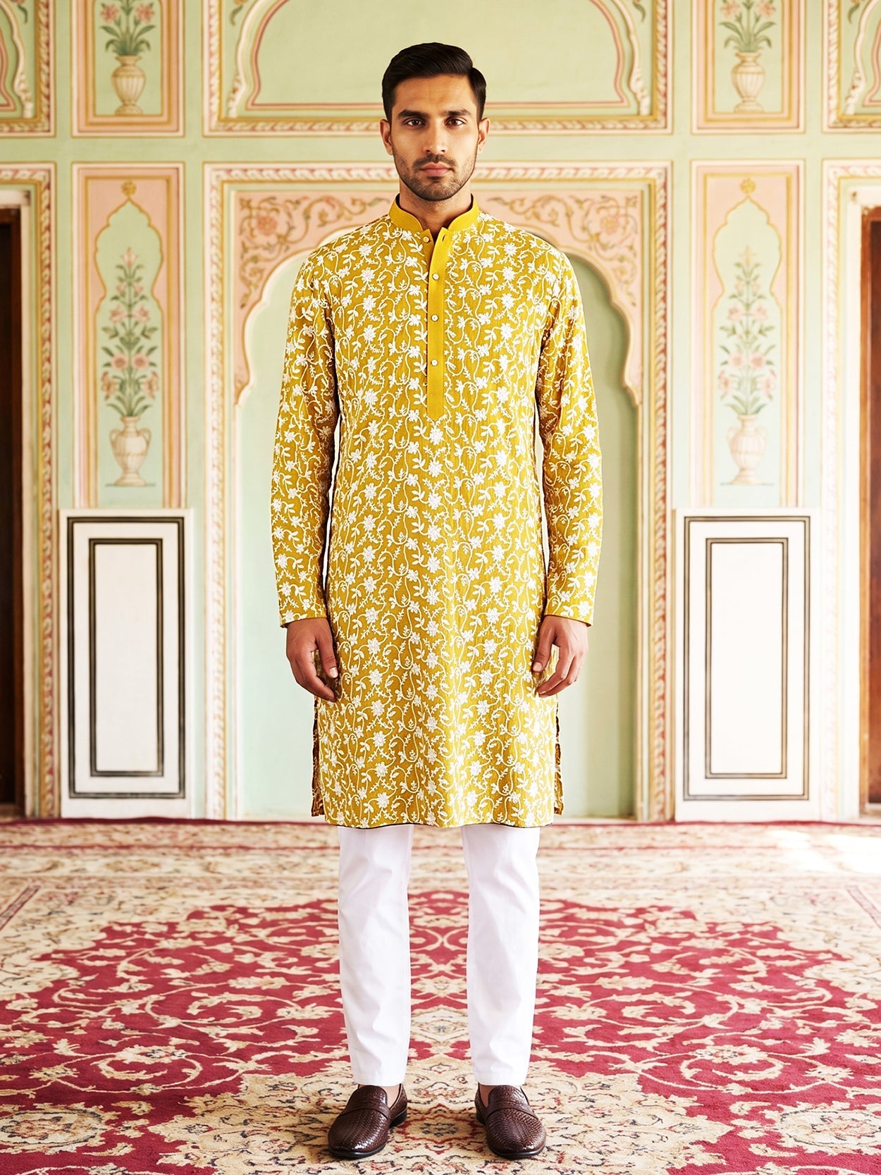 DesiQlo Men Embroidered Kurta Pyjama Set - Yellow - 65KP_P_5533Mustard