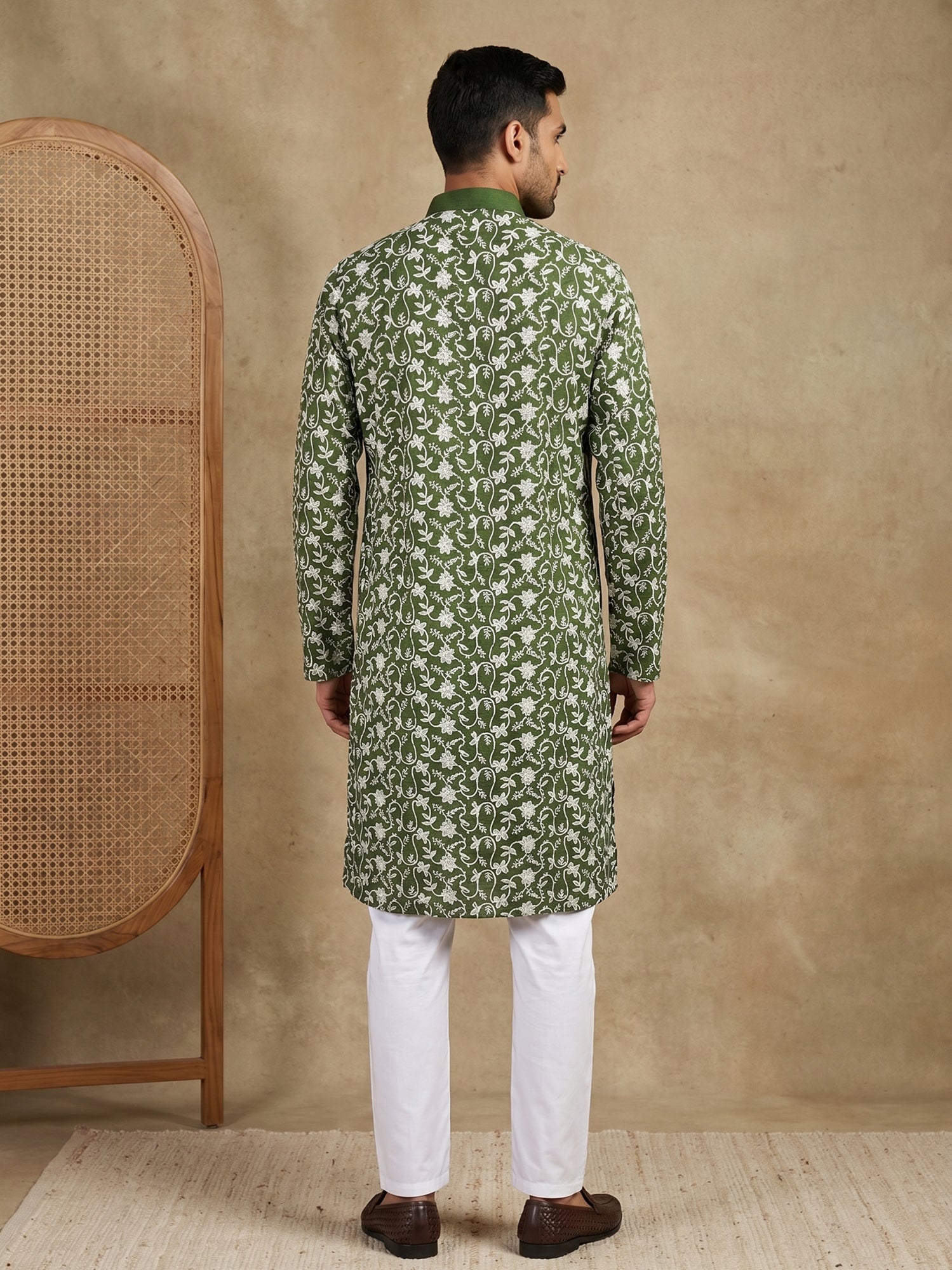 DesiQlo Men Embroidered Kurta Pyjama Set - Green - 65KP_P_5533Olive_S