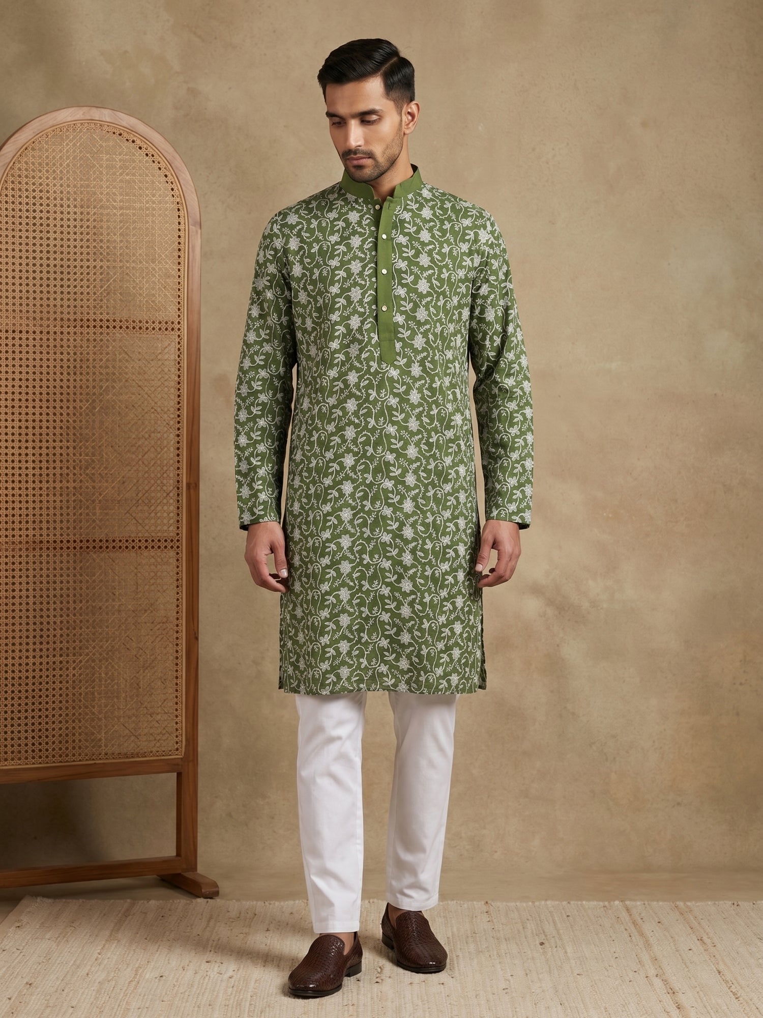 DesiQlo Men Embroidered Kurta Pyjama Set - Green - 65KP_P_5533Olive_S