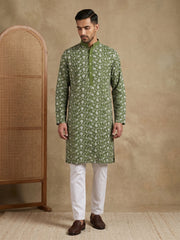 Floral Embroidered Viscose Rayon Kurta Set ( 65KP P 5533Olive )