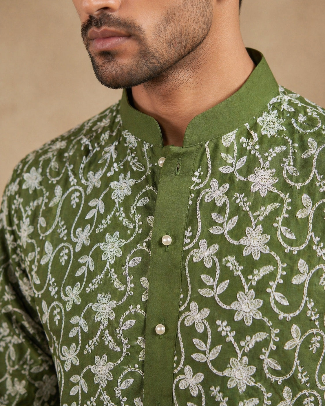 DesiQlo Men Embroidered Kurta Pyjama Set - Green - 65KP_P_5533Olive_S
