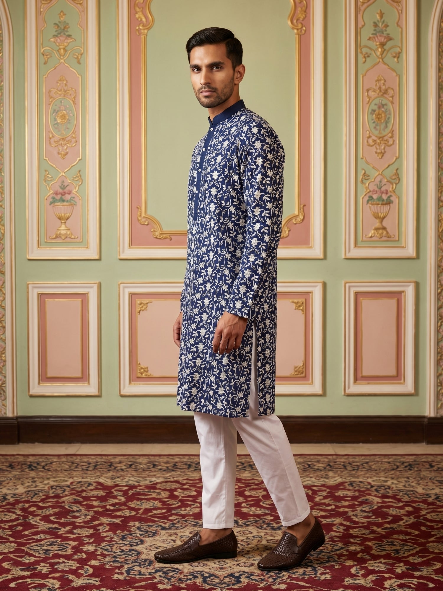 DesiQlo Men Embroidered Kurta Pyjama Set - Multicolor - 65KP_P_5533Pea