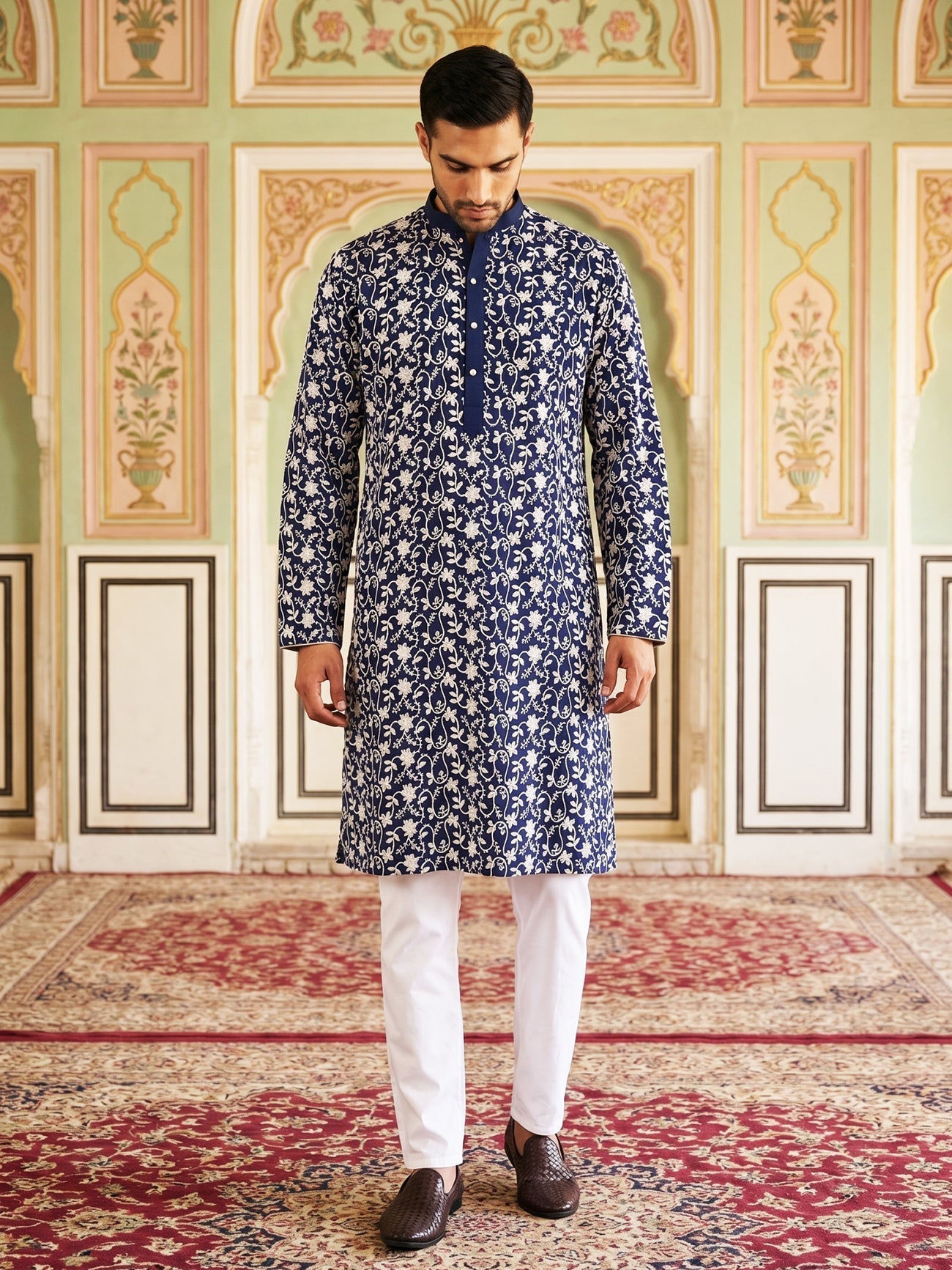 DesiQlo Men Embroidered Kurta Pyjama Set - Multicolor - 65KP_P_5533Pea