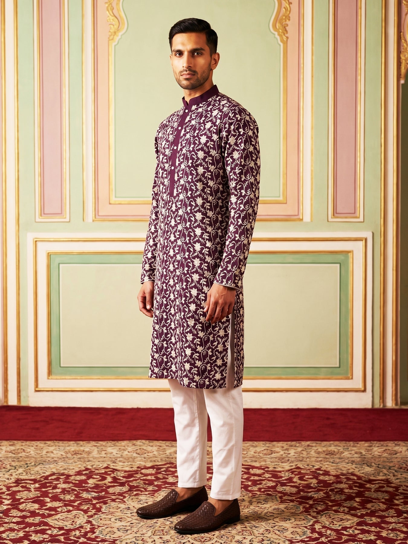 DesiQlo Men Embroidered Kurta Pyjama Set - Purple - 65KP_P_5533Purple_