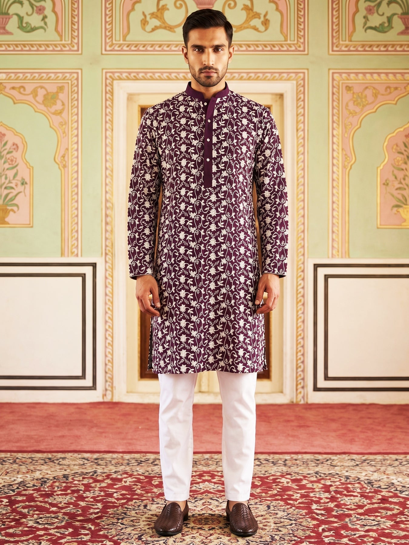 DesiQlo Men Embroidered Kurta Pyjama Set - Purple - 65KP_P_5533Purple_