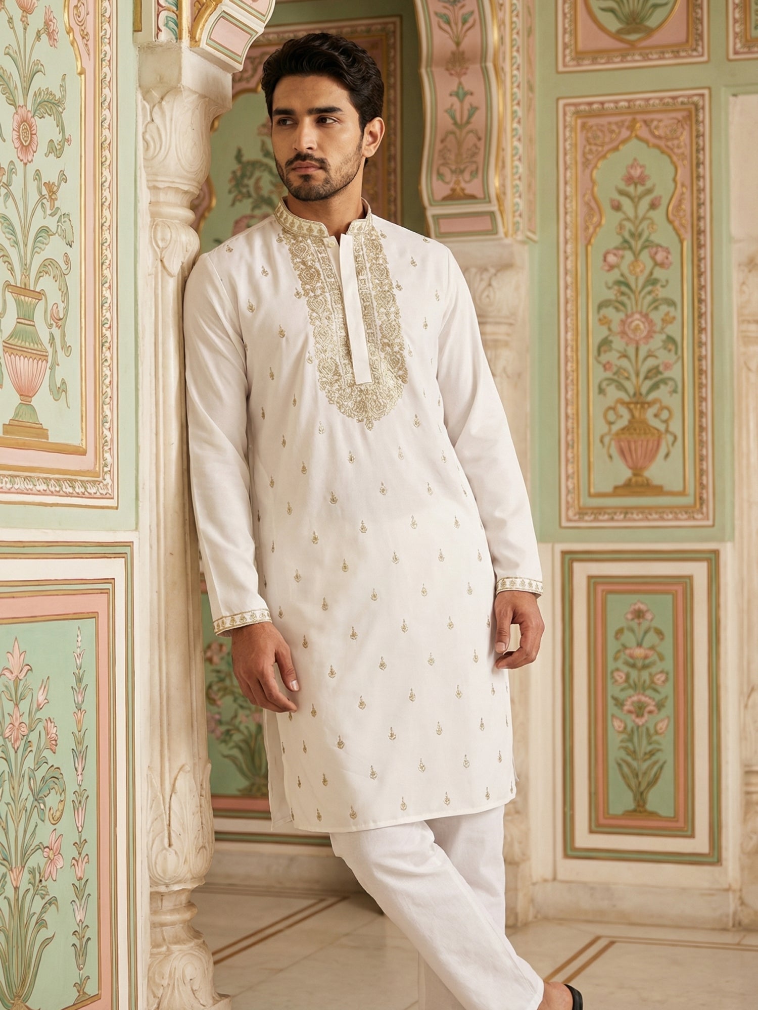 DesiQlo Men Embroidered Kurta Pyjama Set - White - 65KP_P_5537White_S