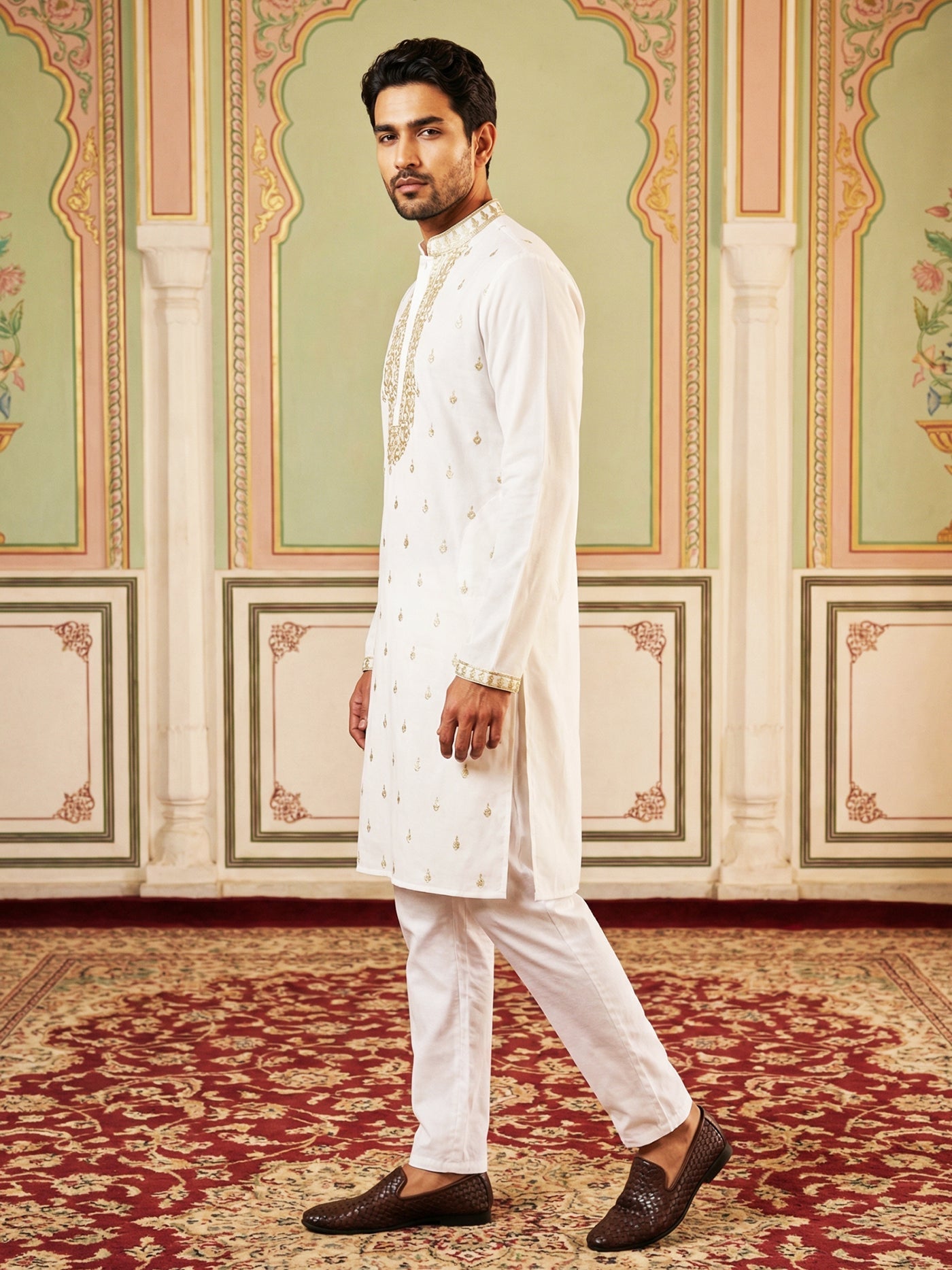 DesiQlo Men Embroidered Kurta Pyjama Set - White - 65KP_P_5537White_S