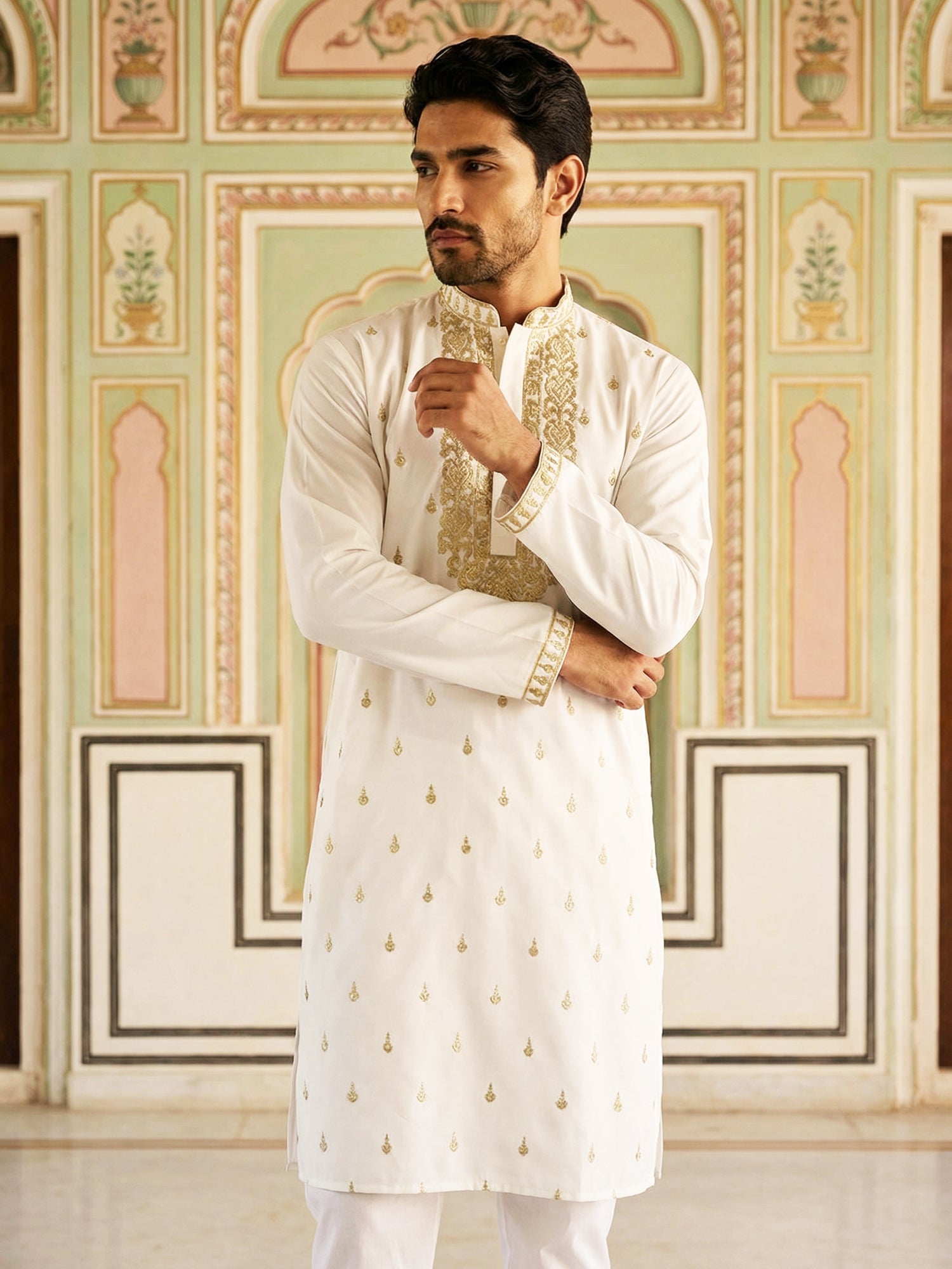 DesiQlo Men Embroidered Kurta Pyjama Set - White - 65KP_P_5537White_S