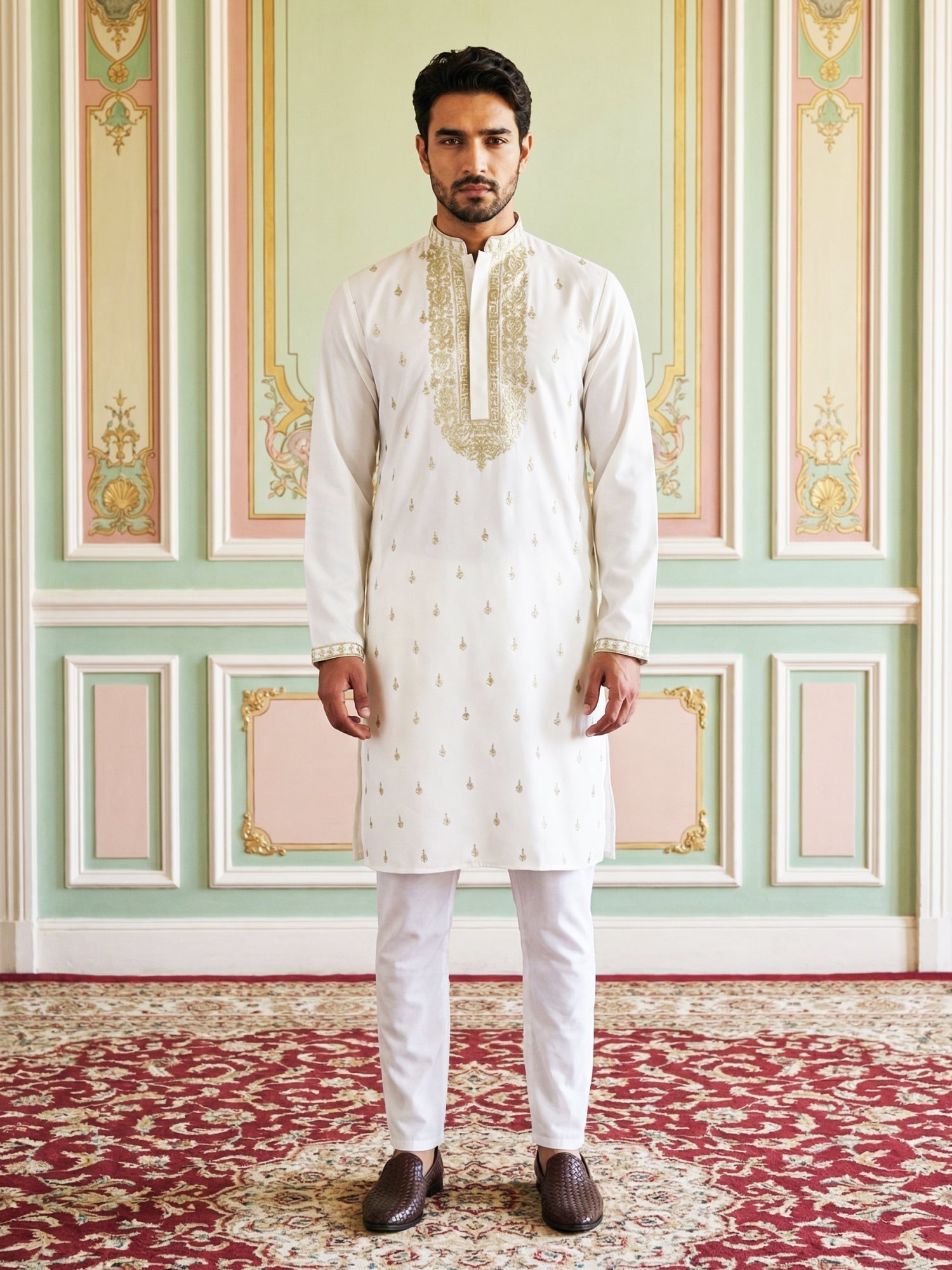 DesiQlo Men Embroidered Kurta Pyjama Set - White - 65KP_P_5537White_S