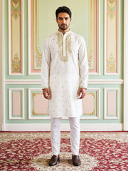 Men’s Cotton Blend Embroidered Kurta Set ( 65KP P 5537White ) [FF] [O-19]