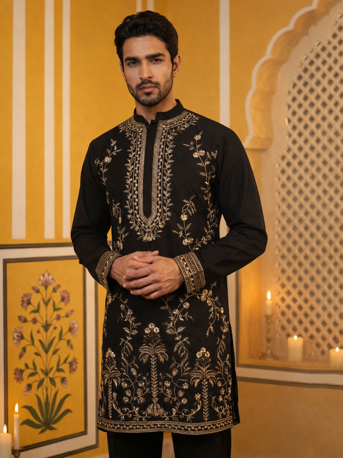 Men’s Imported Japanese Embroidered Kurta Pyjama Set ( 65KP B-P 5538Black ) [FF] [F-9-10]