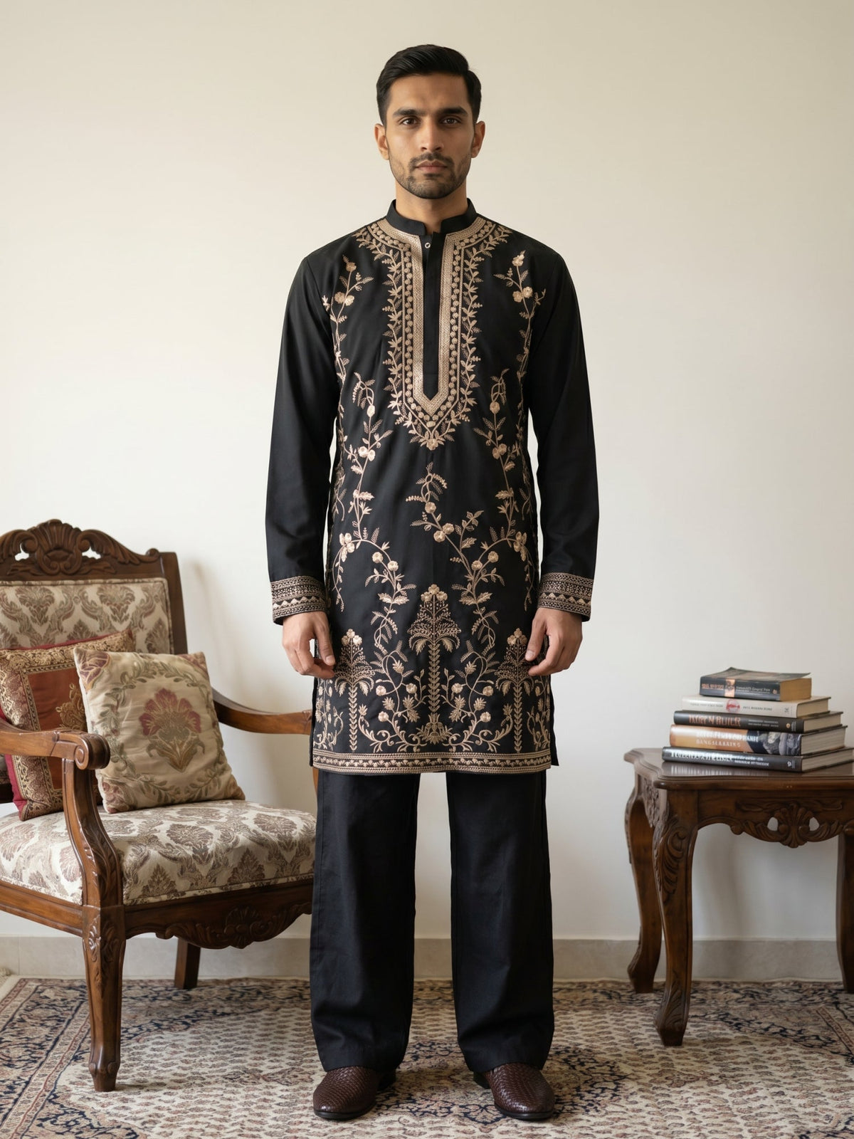 Men’s Japanese Fabric Embroidered Kurta with Korean Pants ( 65KP PJ11B 5538Black ) [FF] [F-9-10]