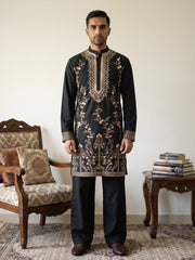 Men’s Japanese Fabric Embroidered Kurta with Korean Pants ( 65KP PJ11B 5538Black ) [FF] [F-9-10]
