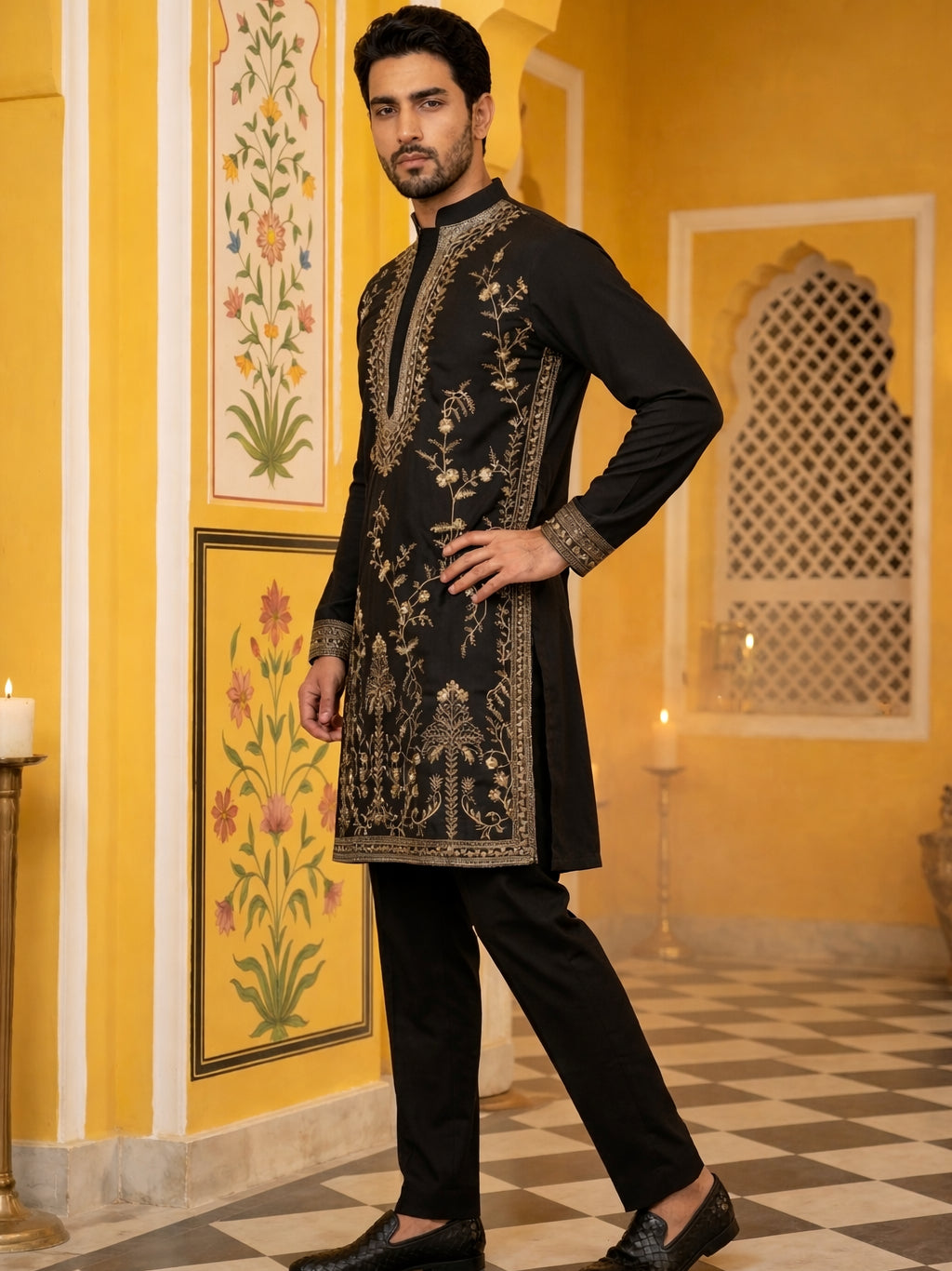 DesiQlo Men Embroidered Kurta Pyjama Set - Black - 65KP_B-P_5538Black_