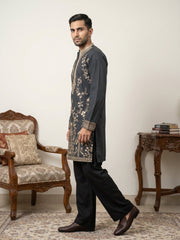 Men’s Japanese Fabric Embroidered Kurta with Korean Pants ( 65KP PJ11B 5538Black ) [FF] [F-9-10]