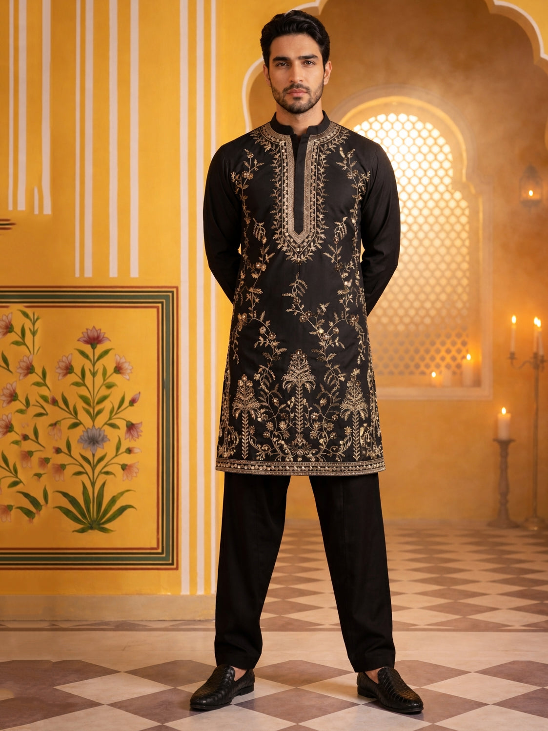 DesiQlo Men Embroidered Kurta Pyjama Set - Black - 65KP_B-P_5538Black_