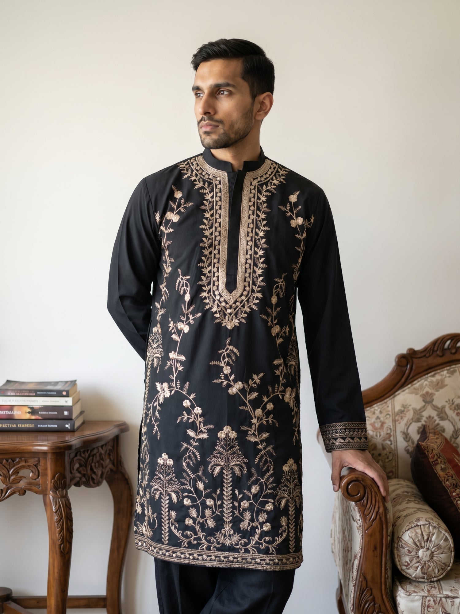 DesiQlo Men Embroidered Kurta Pyjama Set - Black - 65KP_PJ11B_5538Blac