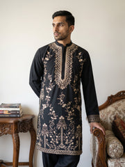 Men’s Japanese Fabric Embroidered Kurta with Korean Pants ( 65KP PJ11B 5538Black ) [FF] [F-9-10]