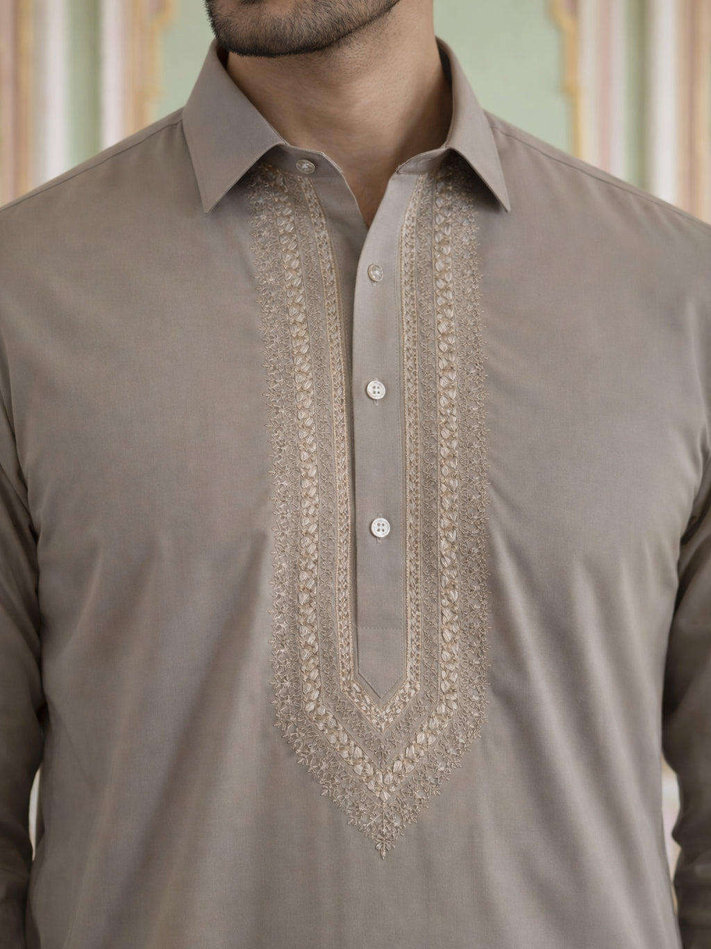 DesiQlo Men Embroidered Kurta Pyjama Set - Beige - 65KP_5539Beige_S