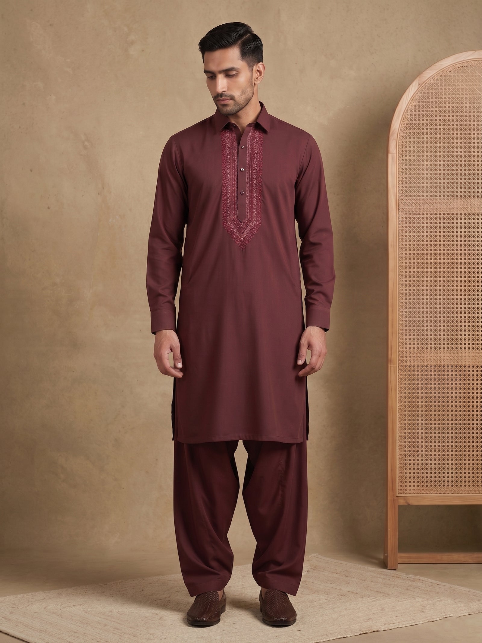 DesiQlo Men Embroidered Kurta Pyjama Set - Maroon - 65KP_5539Maroon_S