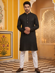 Men’s Silk Blend Thread Work Kurta Set ( 65KP 5543Black ) [FF] [L-18]