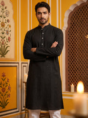 Men’s Silk Blend Thread Work Kurta Set ( 65KP 5543Black ) [FF] [L-18]