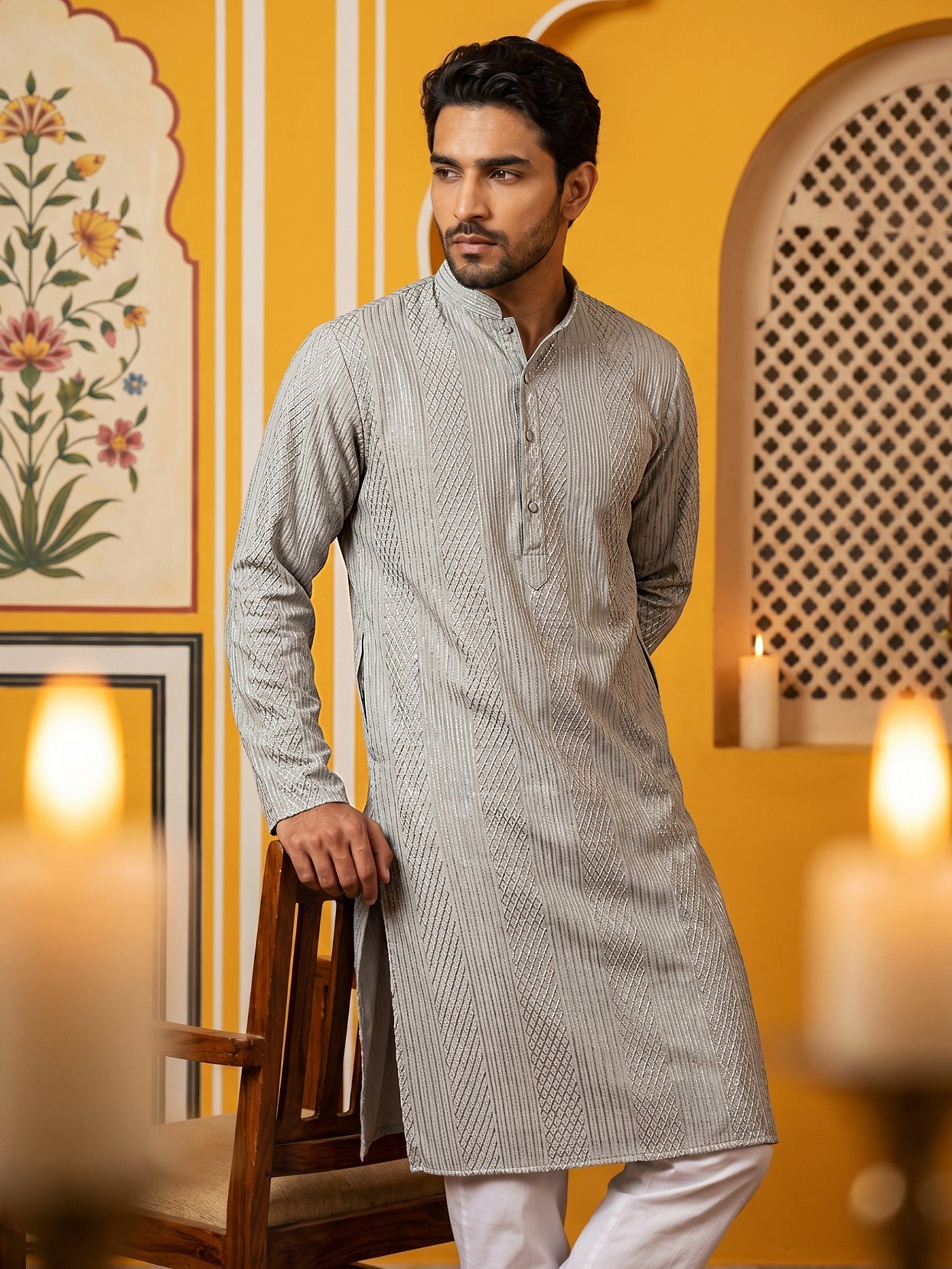 DesiQlo Men Embroidered Kurta Pyjama Set - Grey - 65KP_5543Grey_S