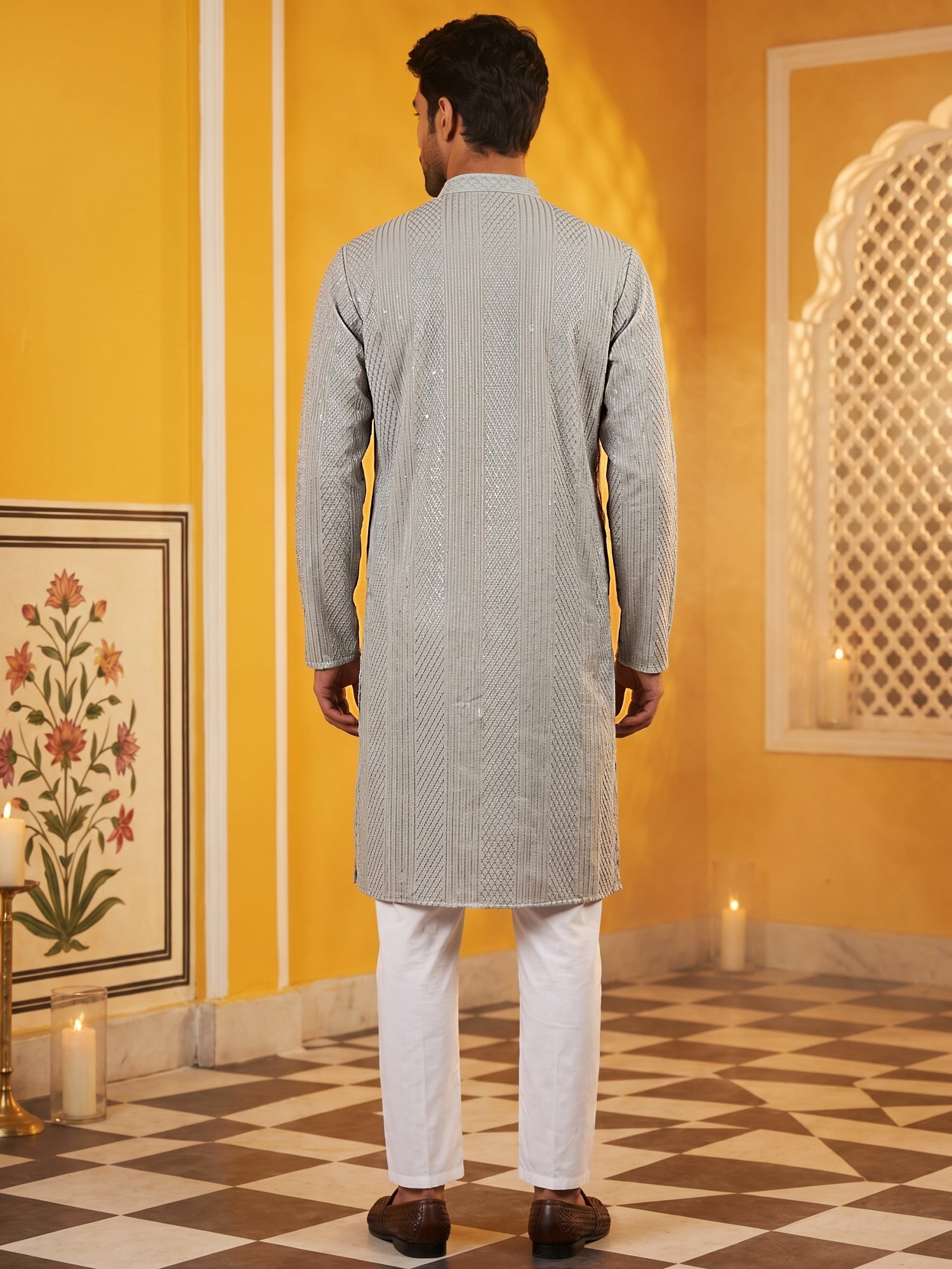 DesiQlo Men Embroidered Kurta Pyjama Set - Grey - 65KP_5543Grey_S