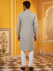 Men’s Silk Blend Thread Work Kurta Set ( 65KP 5543Grey ) [FF] [L-18]