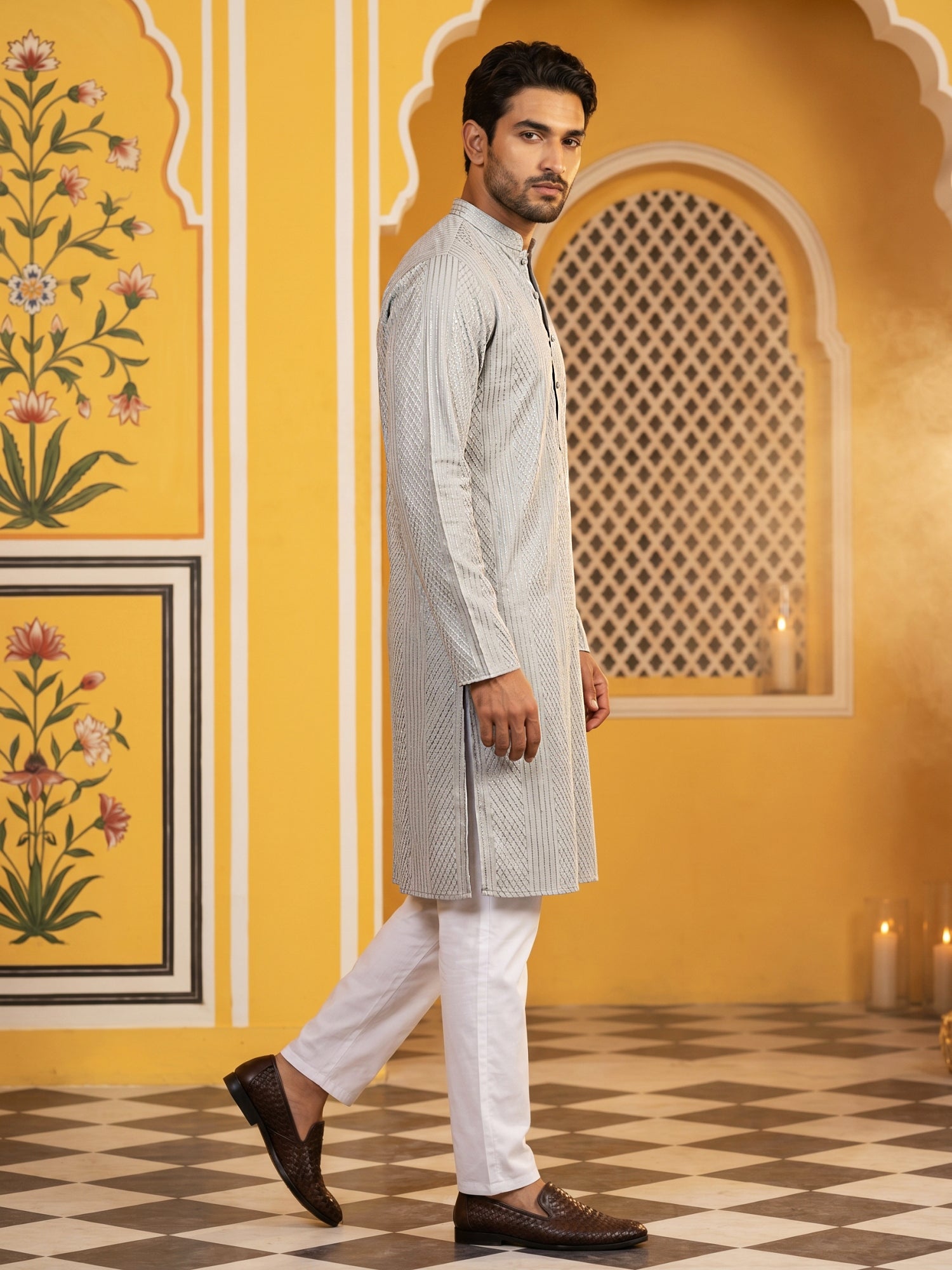 DesiQlo Men Embroidered Kurta Pyjama Set - Grey - 65KP_5543Grey_S