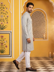 Men’s Silk Blend Thread Work Kurta Set ( 65KP 5543Grey ) [FF] [L-18]