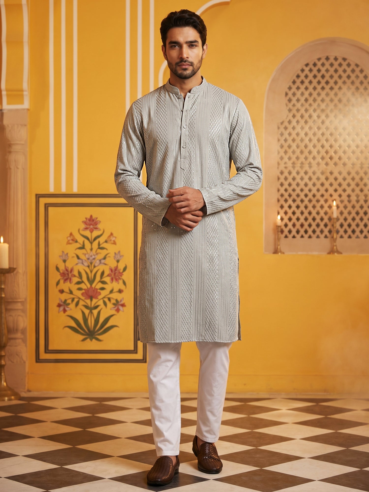 DesiQlo Men Embroidered Kurta Pyjama Set - Grey - 65KP_5543Grey_S