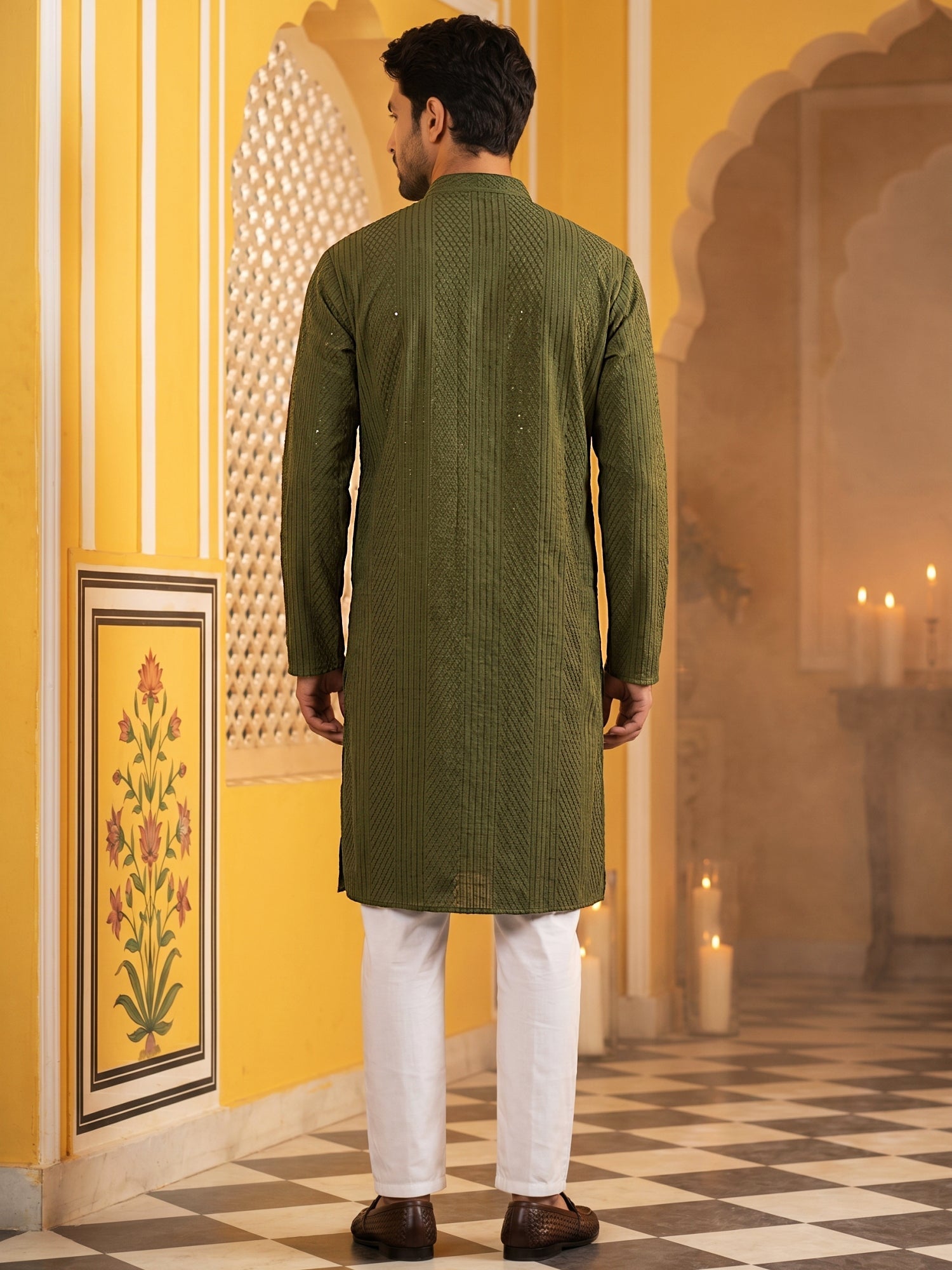 DesiQlo Men Embroidered Kurta Pyjama Set - Green - 65KP_5543Olive_S