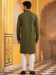 Men’s Silk Blend Thread Work Kurta Set ( 65KP 5543Olive ) [FF] [L-18]