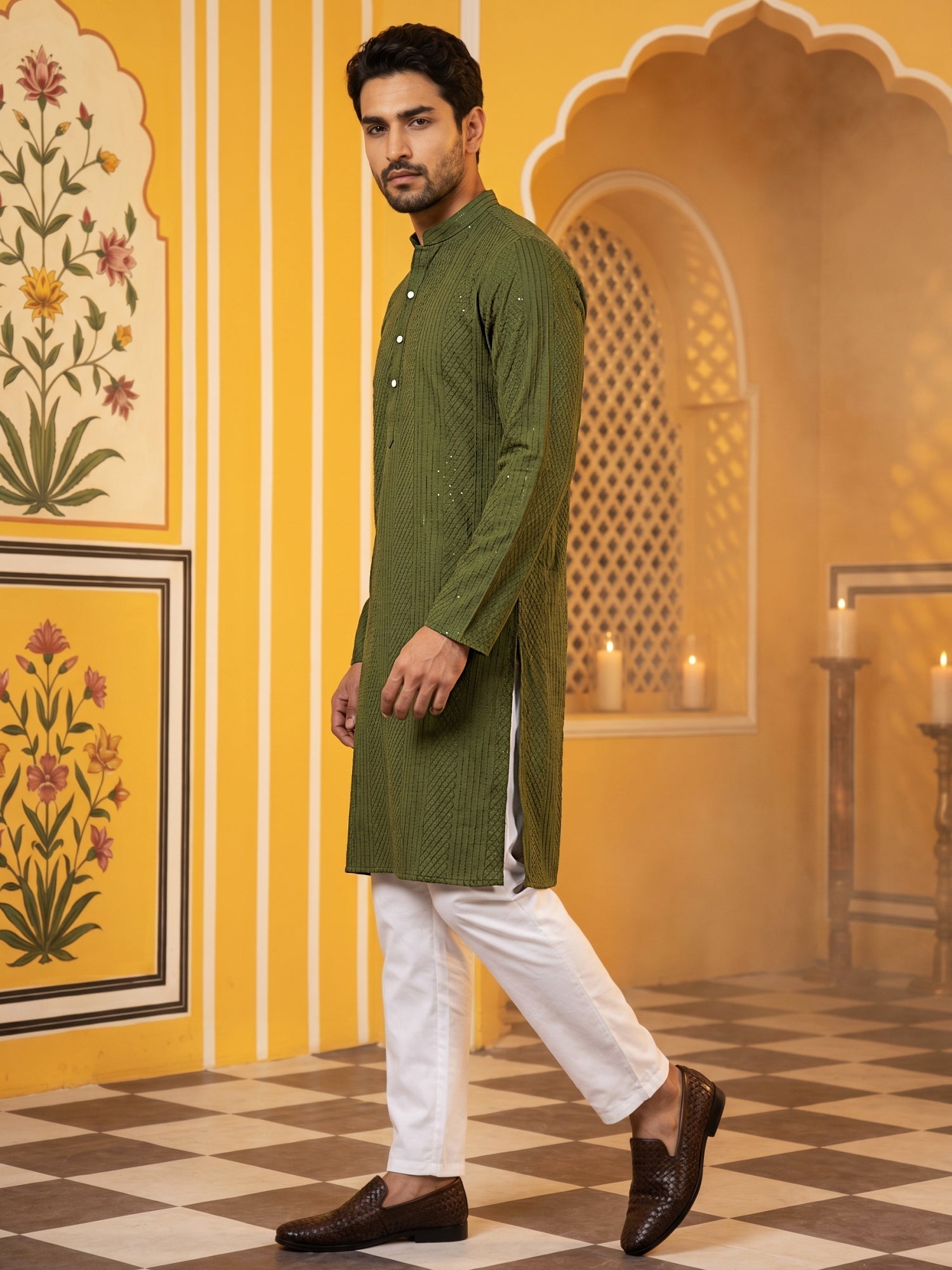 DesiQlo Men Embroidered Kurta Pyjama Set - Green - 65KP_5543Olive_S