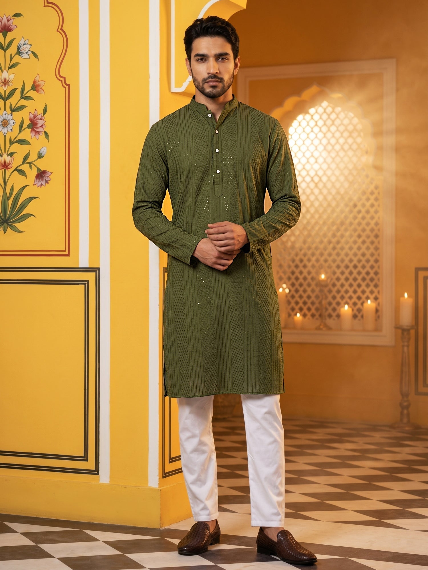 DesiQlo Men Embroidered Kurta Pyjama Set - Green - 65KP_5543Olive_S