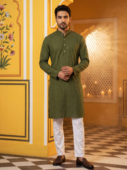 Men’s Silk Blend Thread Work Kurta Set ( 65KP 5543Olive ) [FF] [L-18]