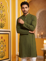 Men’s Silk Blend Thread Work Kurta Set ( 65KP 5543Olive ) [FF] [L-18]