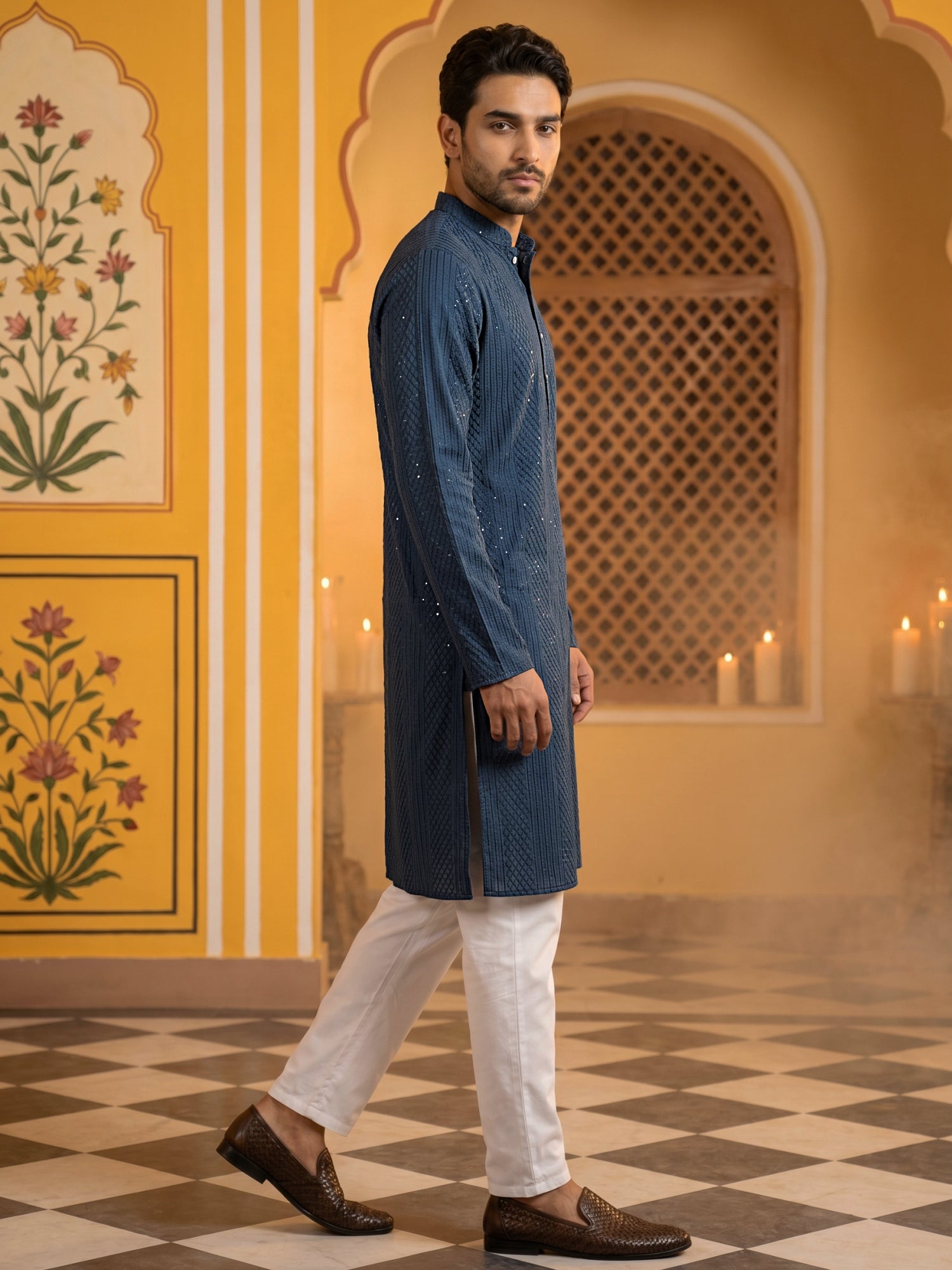 DesiQlo Men Embroidered Kurta Pyjama Set - Multicolor - 65KP_5543Peaco