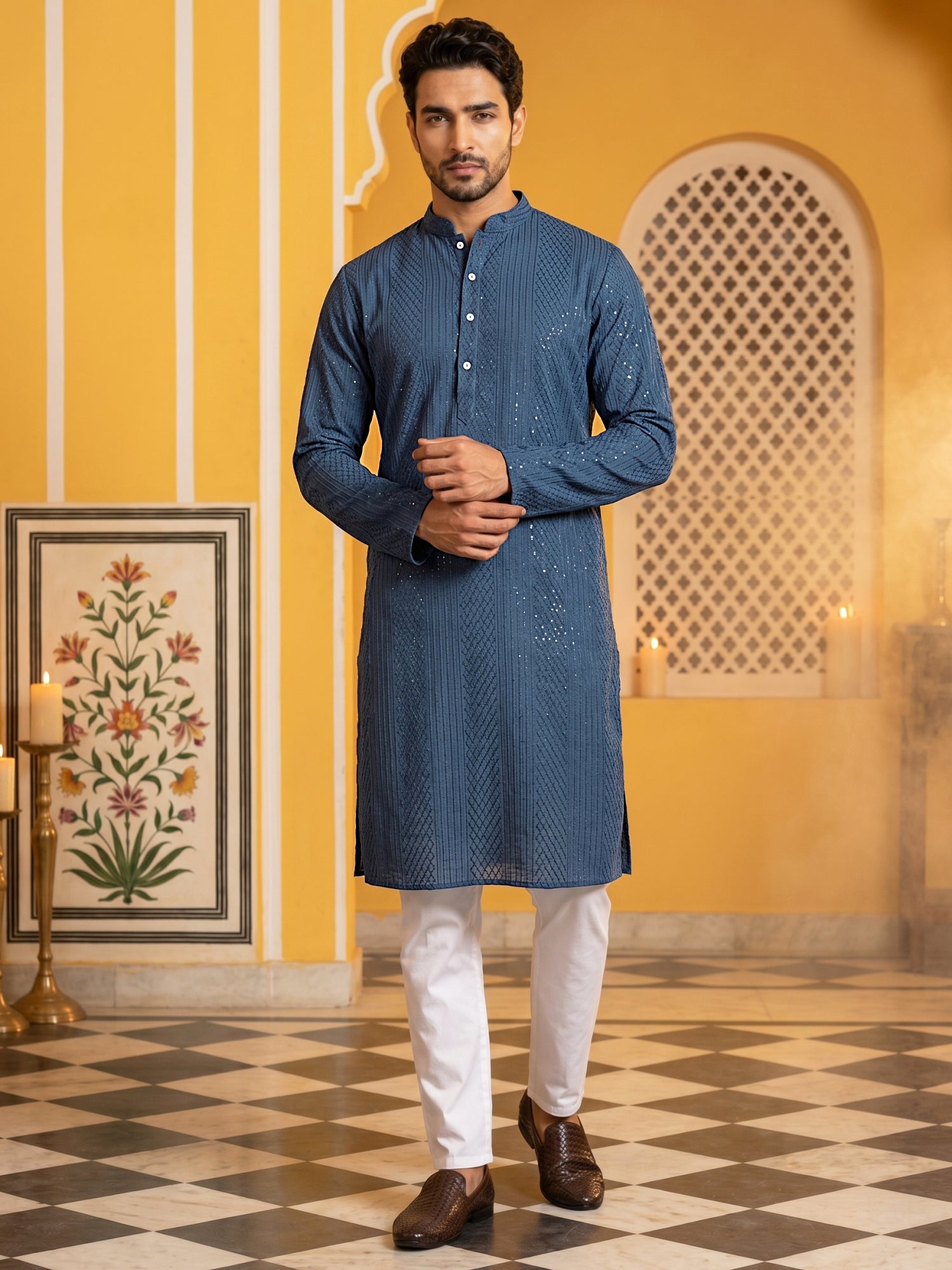 DesiQlo Men Embroidered Kurta Pyjama Set - Multicolor - 65KP_5543Peaco