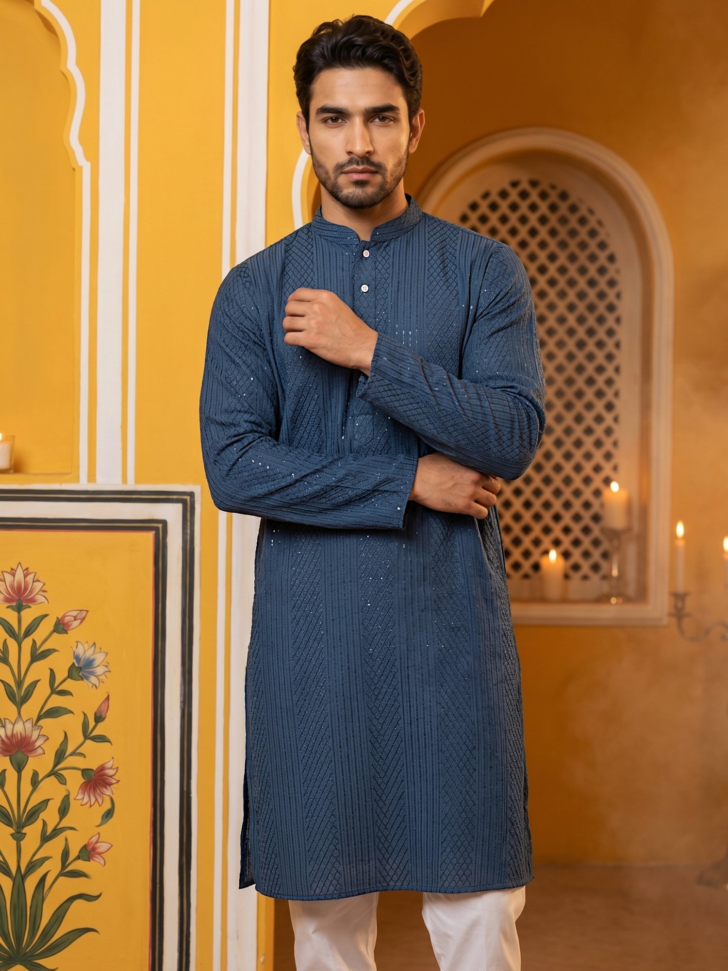 DesiQlo Men Embroidered Kurta Pyjama Set - Multicolor - 65KP_5543Peaco