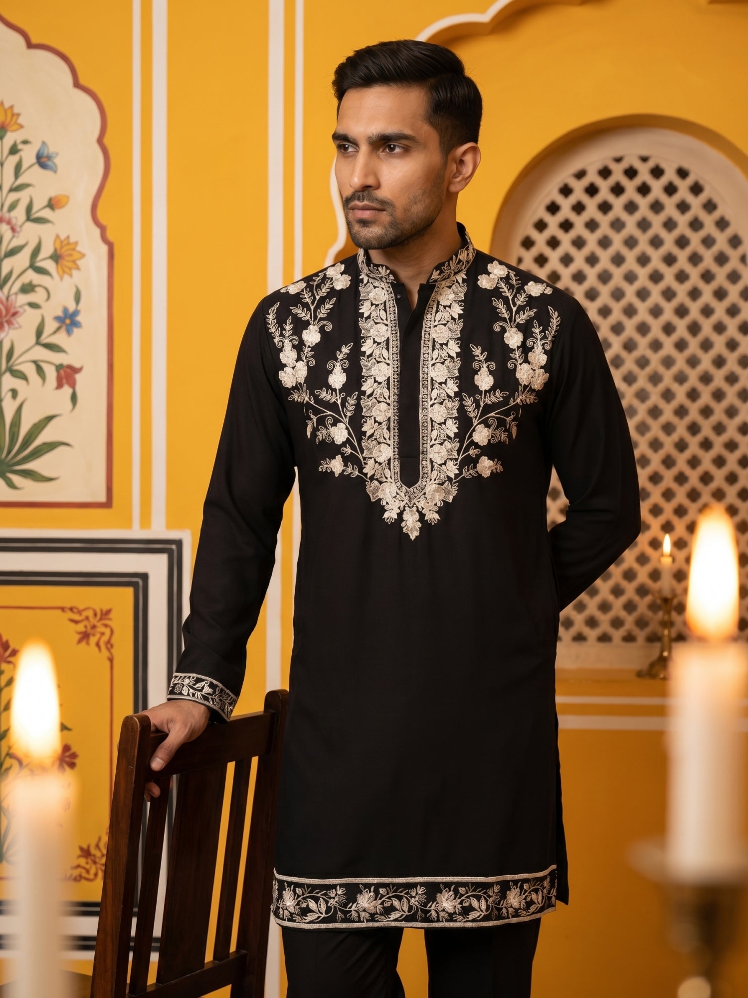 DesiQlo Men Embroidered Kurta Pyjama Set - Black - 65KP_5544Black_S