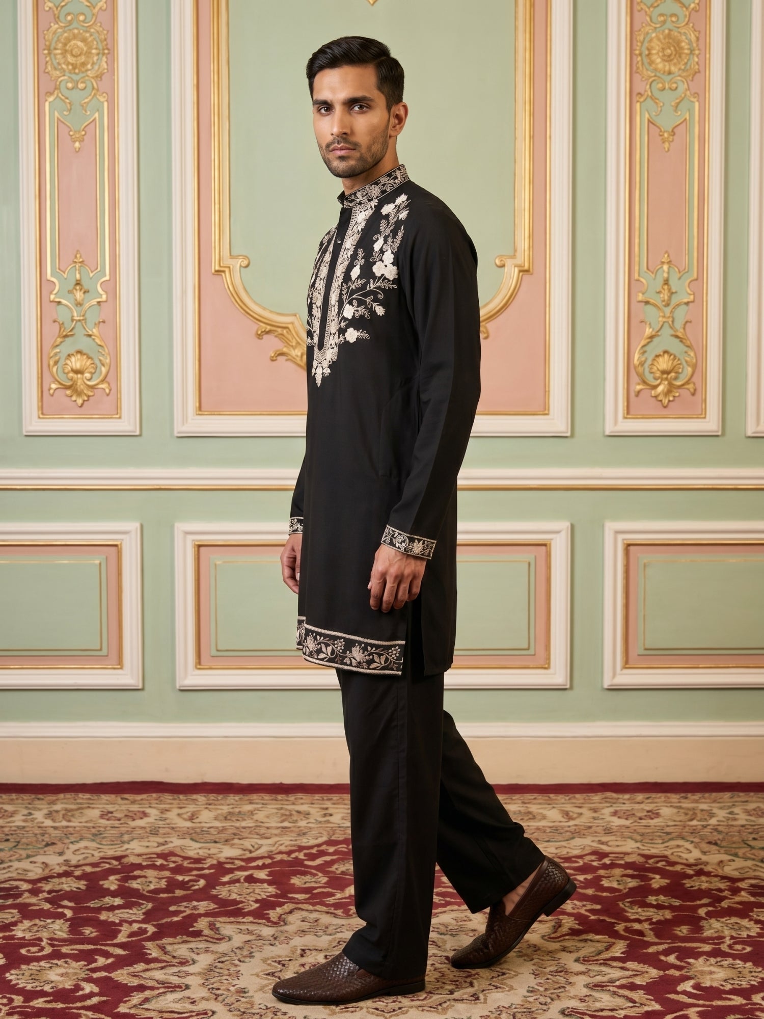 DesiQlo Men Embroidered Kurta Pyjama Set - Black - 65KP_PJ11B_5544Blac