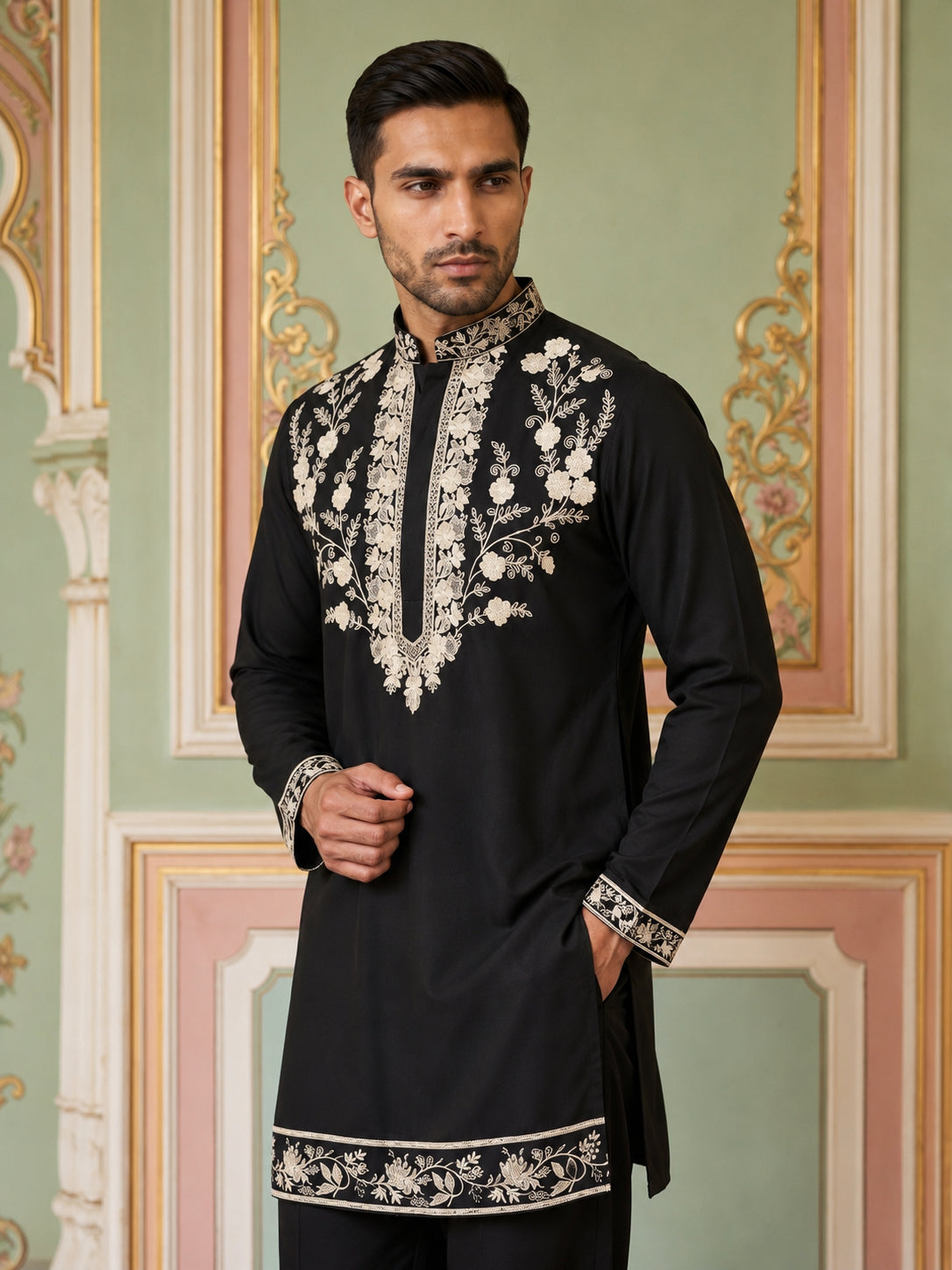 DesiQlo Men Embroidered Kurta Pyjama Set - Black - 65KP_PJ11B_5544Blac