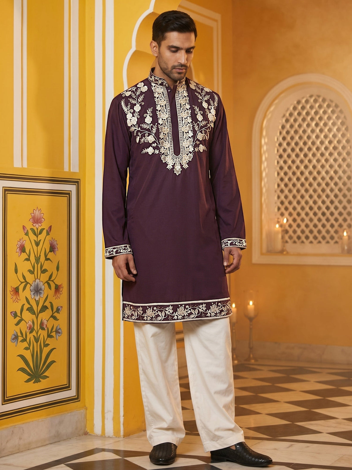 Premium Imported Japanese Embroidered Kurta Set ( 65KP PJ11W 5544Purple ) [FF] [B-3-5]