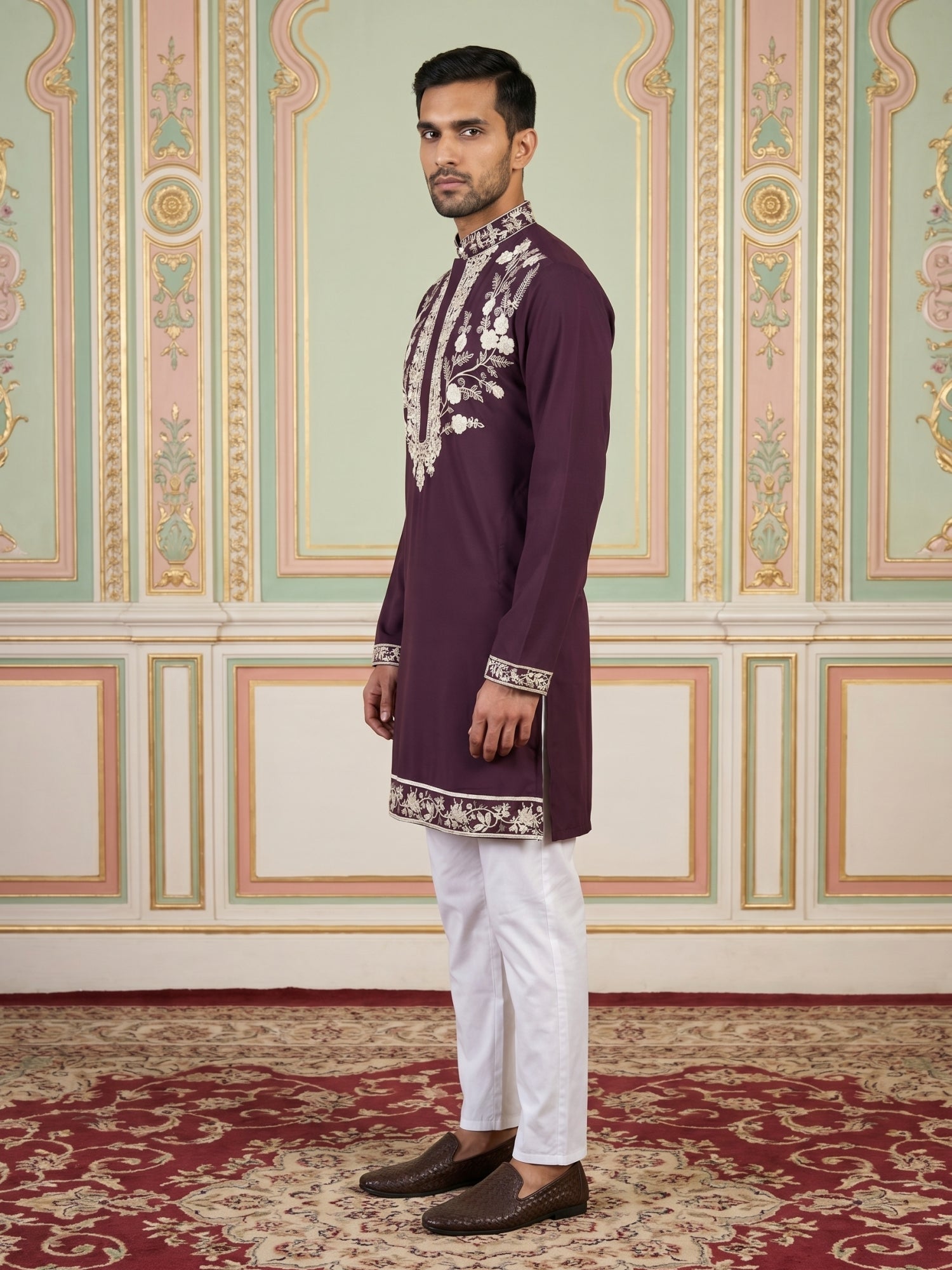 DesiQlo Men Embroidered Kurta Pyjama Set - Purple - 65KP_5544Purple_S