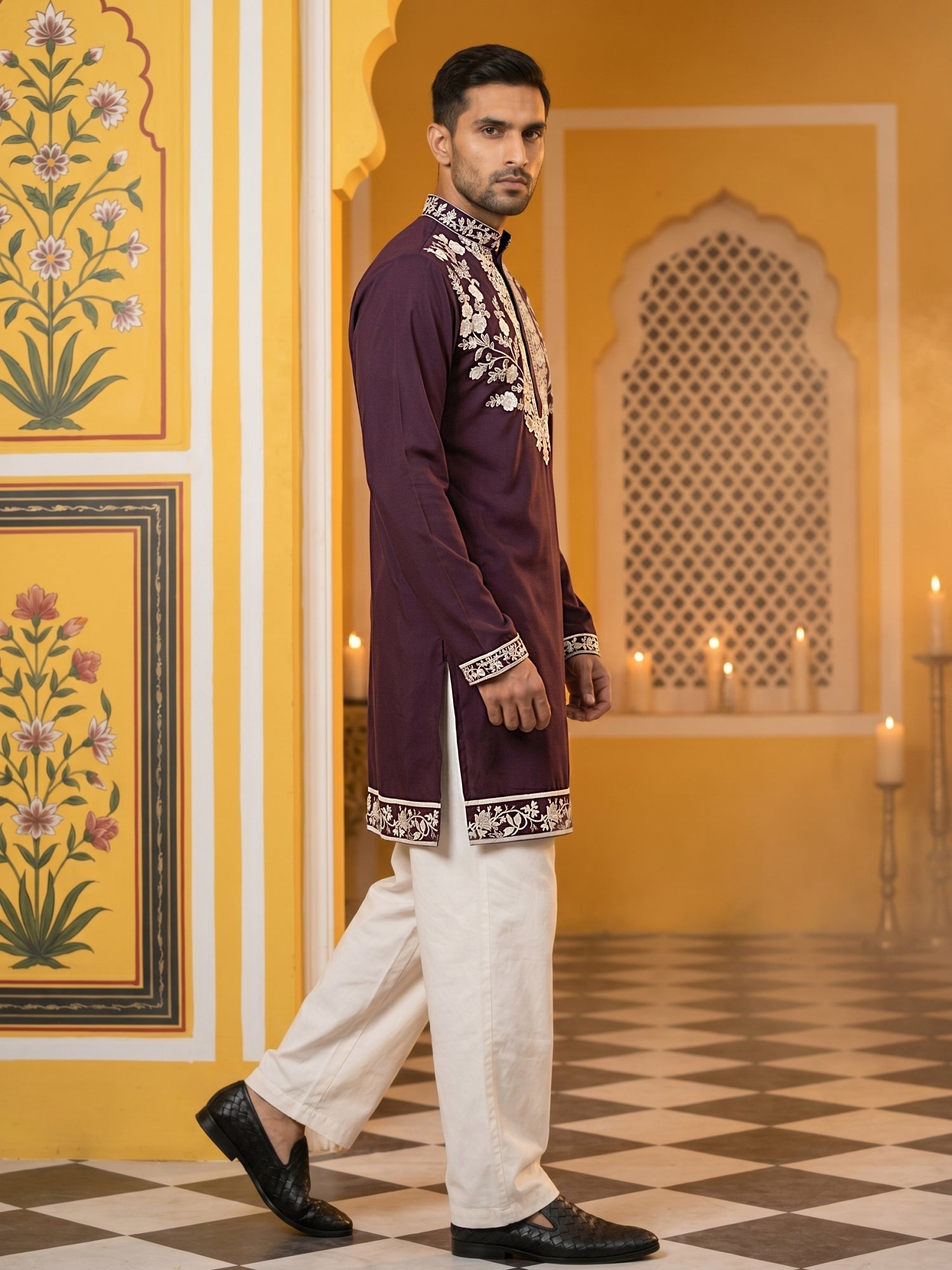 DesiQlo Men Embroidered Kurta Pyjama Set - Purple - 65KP_PJ11W_5544Pur