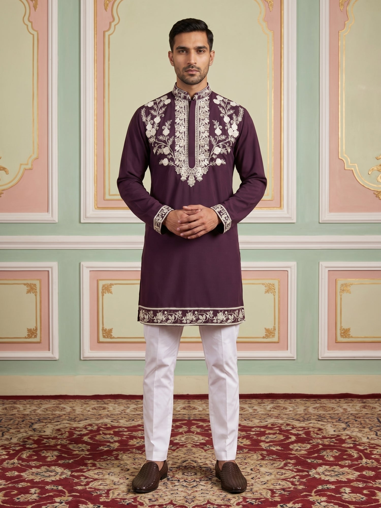 DesiQlo Men Embroidered Kurta Pyjama Set - Purple - 65KP_5544Purple_S