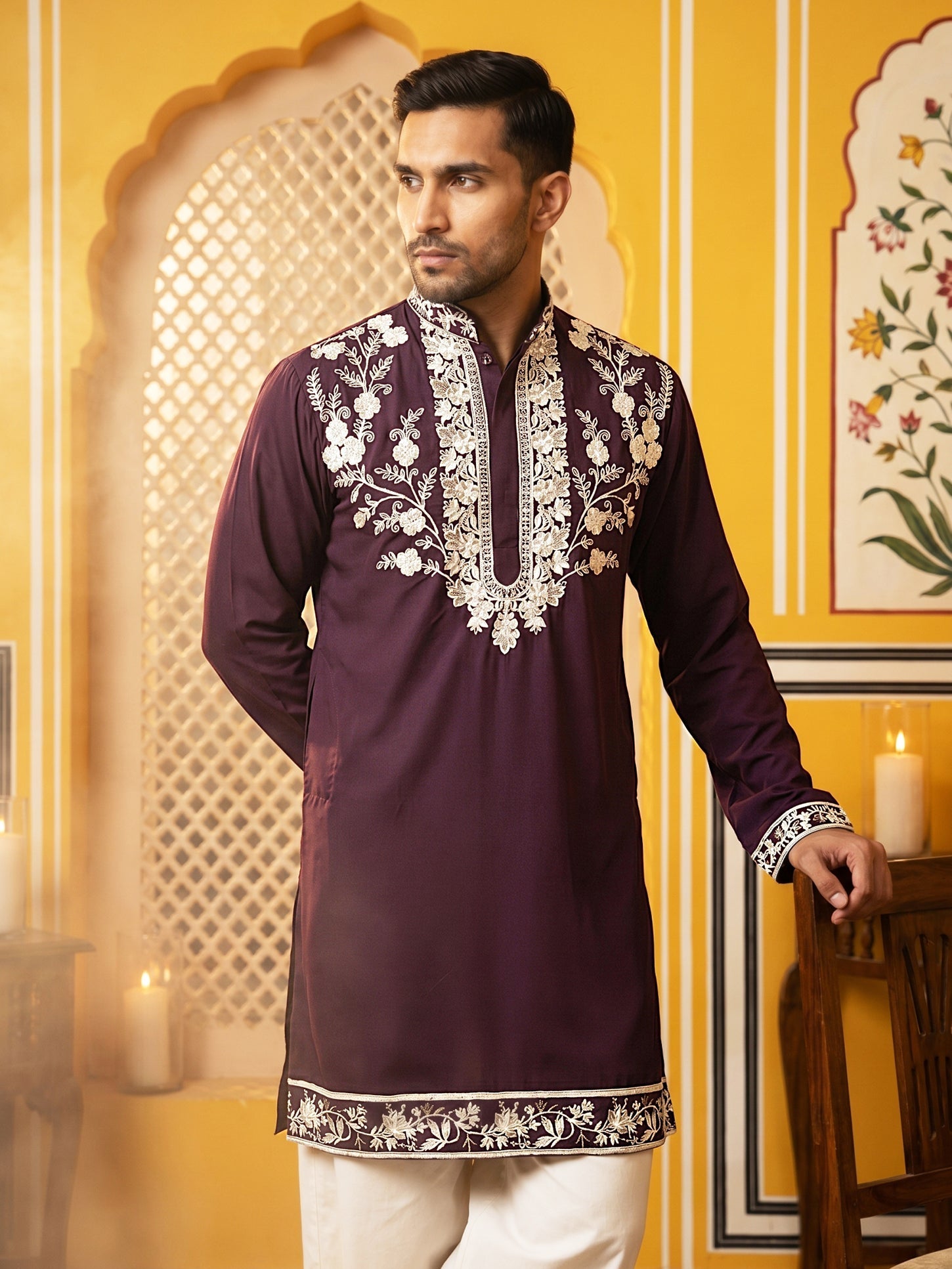 DesiQlo Men Embroidered Kurta Pyjama Set - Purple - 65KP_PJ11W_5544Pur