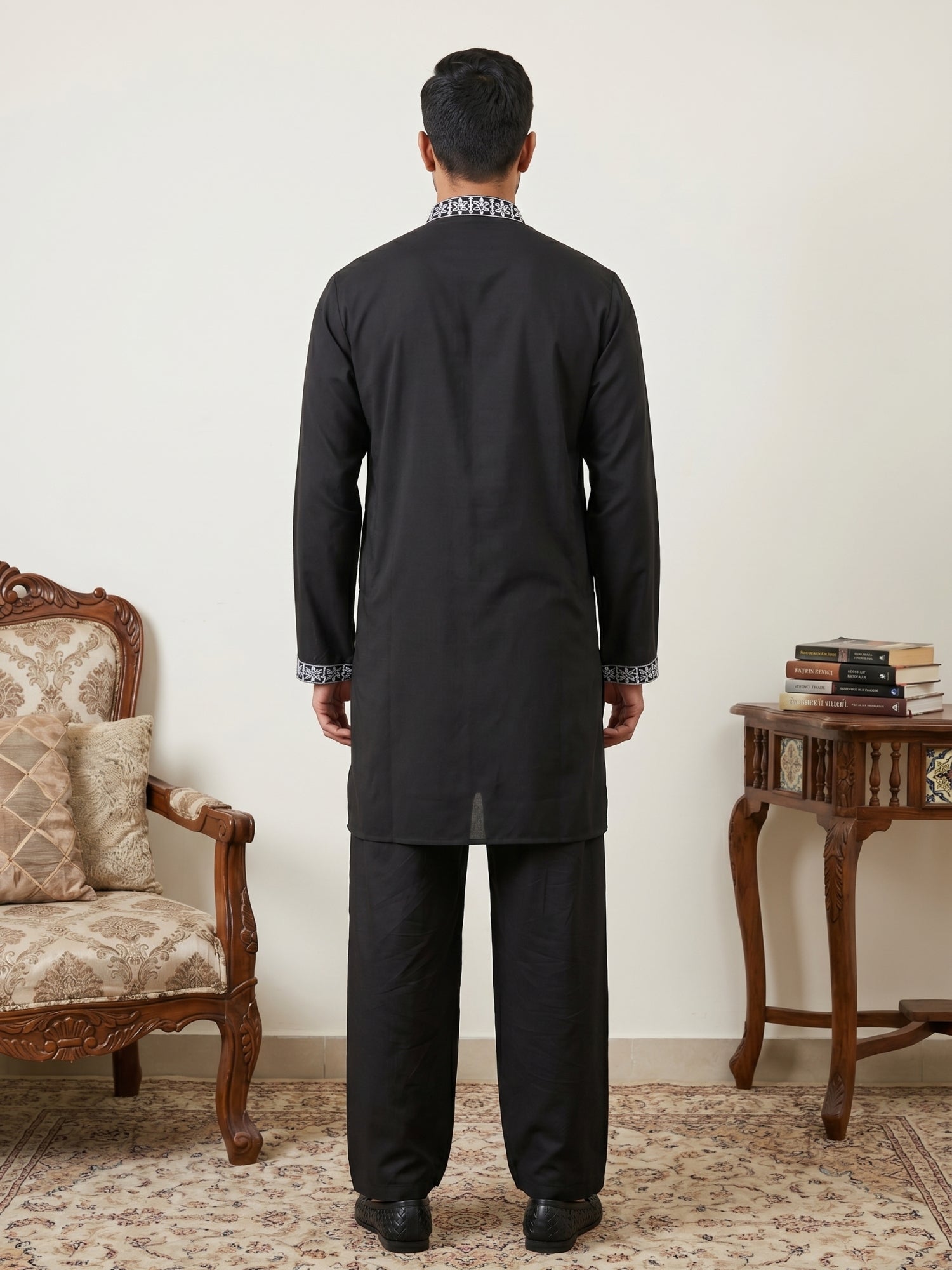 DesiQlo Men Embroidered Kurta Pyjama Set - Black - 65KP_PJ11B_5547Blac